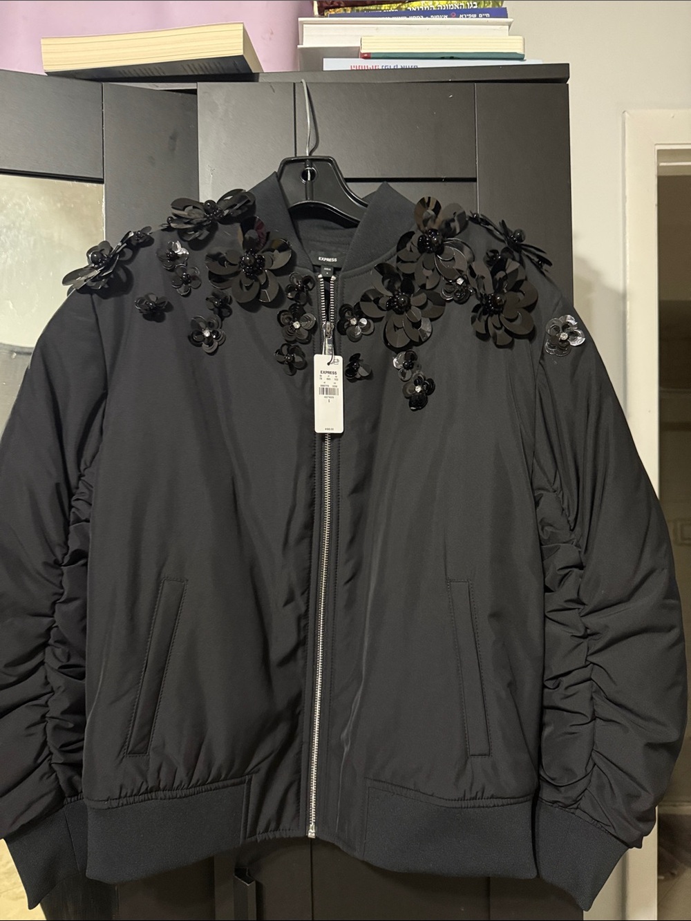Express Black Floral Appliqué Bomber Jacket
